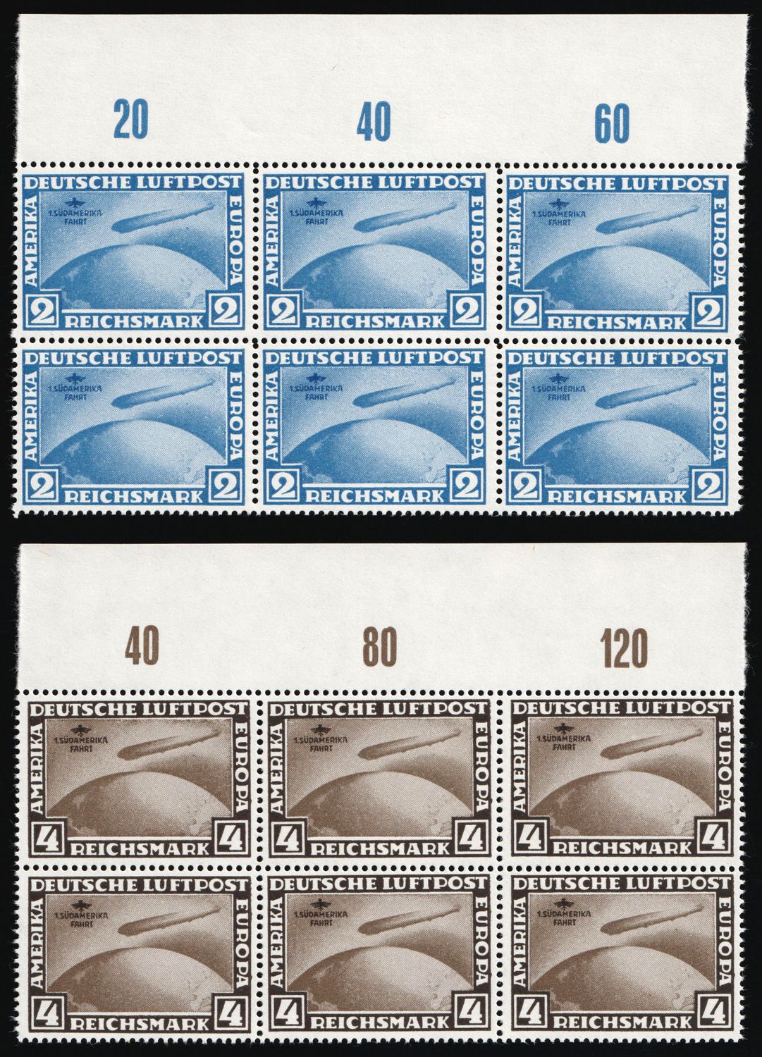 1930 Weimar Republic, Germany, Airmail, Blocks (Mi. 438 - 439, Private Reprints, Full Set, Margins, Plate Numbers, MNH)