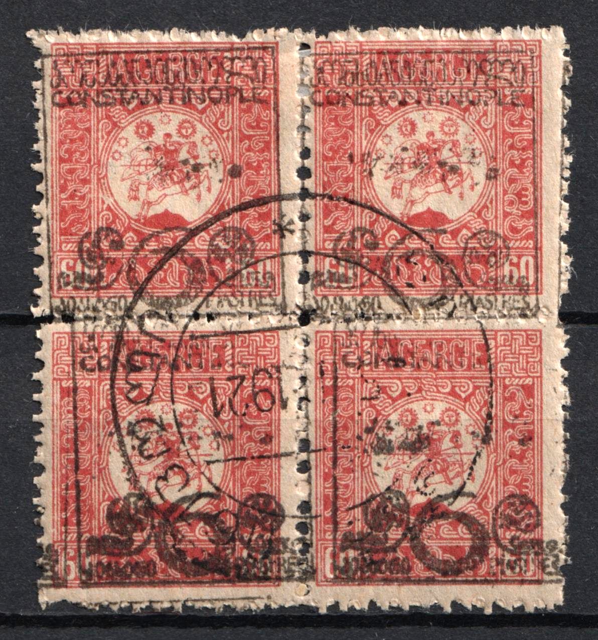 1921 6pi on 60k Constantinople Consular Post, Georgian Levant, Russia, Civil War, Block of Four (Lyapin L4, Black Overprint, Used)