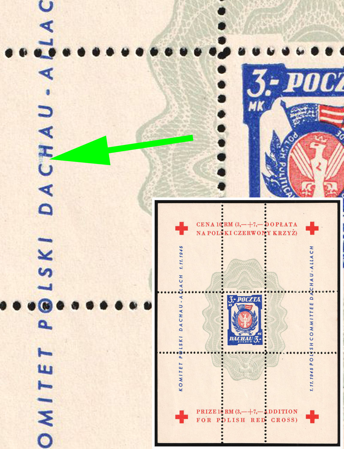 1945 Dachau - Allach, Poland, DP Camp, Displaced Persons Camp, Souvenir Sheet (Wilhelm Bl. 1 x II A, Streak under 'CH' in 'Dachau', CV $80)
