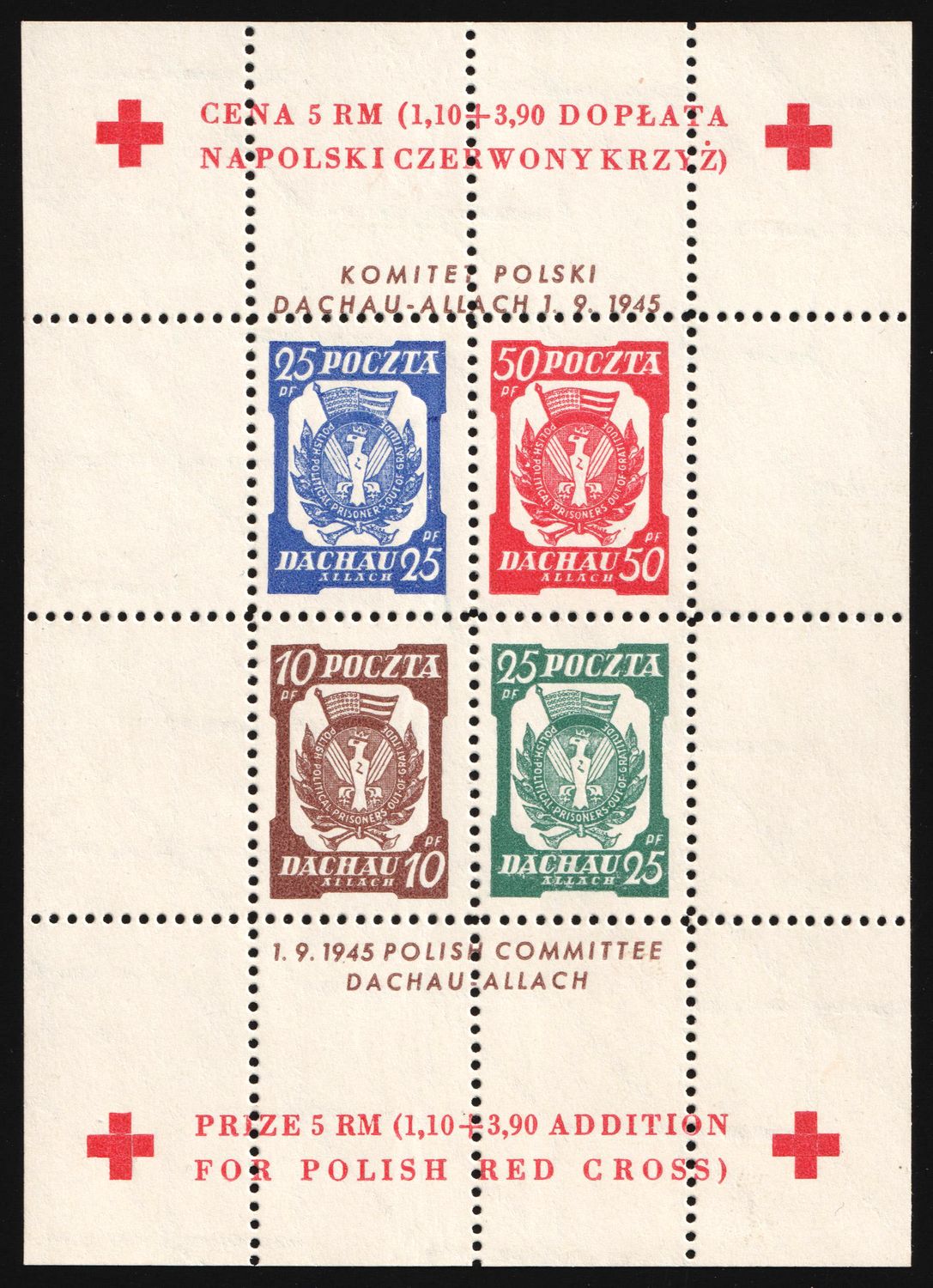 1945 Dachau - Allach, Poland, DP Camp, Displaced Persons Camp, Souvenir Sheet (Wilhelm Bl. 3 a z A, CV $90)