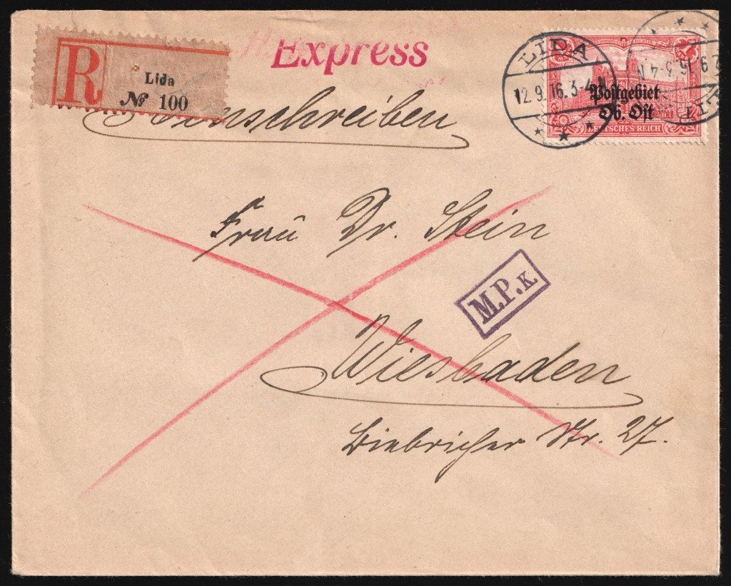 1916 (12 Sep) Eastern Lands, German Occupation, Germany, Censored Registered Express Cover from Lida to  Wiesbaden franked with 1m