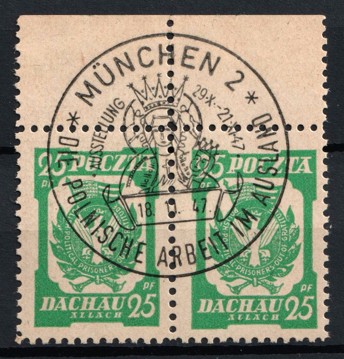 1945 25 pf Dachau - Allach, Poland, DP Camp, Displaced Persons Camp, Pair (Margins, MUNICH Postmark)