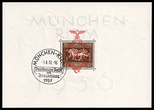 1937 (1 Aug) 'The Brown Ribbon of Germany in Munich - Riem', Third Reich, Germany, First Day of Issue, Souvenir Sheet (Commemorative Postmark)
