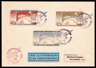 1934 (28 Jan) Hasselfelde-Harz, Germany, Gerhard Zucker Pioneer Rocket Mail, Airmail Torpedo Cover to Hasselfelde-Harz franked with 0.5m, 1m, 3m (Commemorative Postmarks)