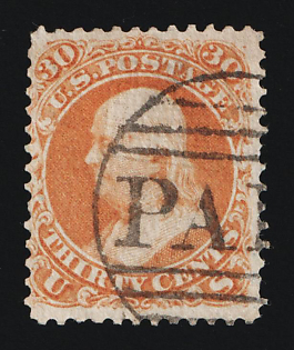 1868 30c Franklin, United States, USA (Cancellation 'Paid', Deep Orange)