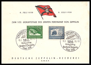 1938 (8 Jul) 'The 100th Birthday of Count Ferdinand Von Zeppelin', Third Reich, Germany, Airship Postcard from Frankfurt am Main franked with 25pf, 50pf (Commemorative Postmarks)