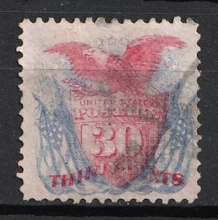 1869 30c Shield, Eagle and Flags, United States, USA (Ultramarine and Carmine)