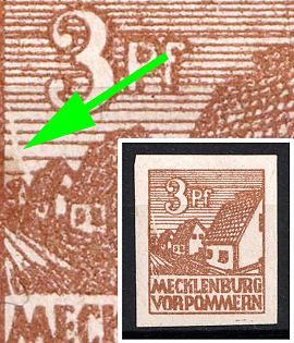 1945 3pf Mecklenburg-Vorpommern, Soviet Russian Zone of Occupation, Germany (Crack between the last two houses)