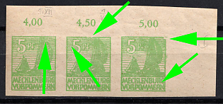 1945 5pf Mecklenburg-Vorpommern, Soviet Russian Zone of Occupation, Germany, Strip (Upper right corner broken semi circularly, second 'R' in 'VORPOMMERN' broken off lower left, Upper edge lines over 'f' of 'Pf' broken and nicked, shading lines next to '5' broken, Large white fleck above right in large sail, Corner Margin, Plate Numbers)