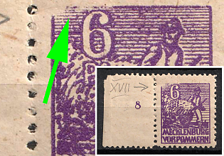 1945 6pf Mecklenburg-Vorpommern, Soviet Russian Zone of Occupation, Germany (Upper left image corner with slanted break, Margin, Plate Number)