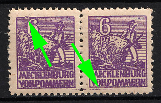 1945 6pf Mecklenburg-Vorpommern, Soviet Russian Zone of Occupation, Germany, Pair (Frame interruption over postage number, with ink fleck in it, Ink marks and or dots under image)