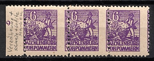 1945 6pf Mecklenburg-Vorpommern, Soviet Russian Zone of Occupation, Germany, Strip (SHIFTED Perforation, Margin, Plate Number)