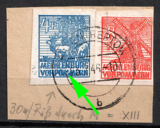 1945 Mecklenburg-Vorpommern on piece, Soviet Russian Zone of Occupation, Germany ('MM' in 'VORPOMMERN' badly damaged and smeared)