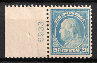 1917 20c Franklin, United States, USA (Margin, Plate Number '6933', Light Ultramarine)