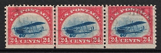 1918 24с Curtiss Jenny, United States, USA, Airmail, Strip (Carmine Rose and Blue)