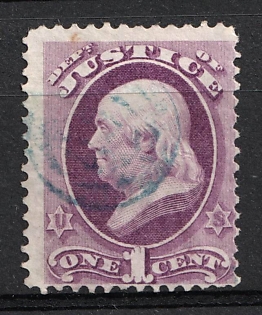 1873 1c Franklin, Official Mail Stamp 'Justice', United States, USA (Blue Cancellation, Purple)