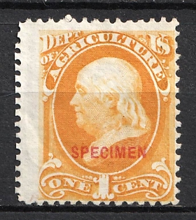 1875 1c Franklin, Special Printing 'Specimen' on Official Mail Stamp 'Agriculture', United States, USA (Yellow, Carmine Overprint)