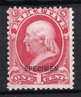 1875 1c Franklin, Special Printing 'Specimen' on Official Mail Stamp 'Executive', United States, USA (Carmine, Blue Overprint)