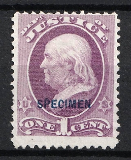 1875 1c Franklin, Special Printing 'Specimen' on Official Mail Stamp 'Justice', United States, USA (Purple, Blue Overprint)