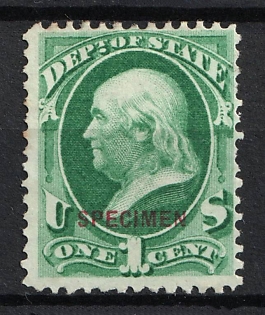 1875 1c Franklin, Special Printing 'State' on Official Mail Stamp 'Navy', United States, USA (Green, Carmin Overprint)