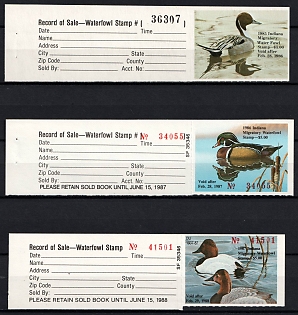 1985-87 Indiana State Duck Stamps, United States Hunting Permit Stamps with Tabs (Plate Numbers)