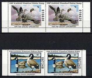 1987-88 3d Kansas State Duck Stamps, United States Hunting Permit Stamps, Pairs from Booklet Pane (Margins, Plate Numbers)