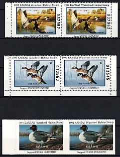 1989-91 3d Kansas State Duck Stamps, United States Hunting Permit Stamps, Pairs from Booklet Pane (Margins, Plate Numbers)