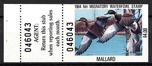 1984 4d New Hampshire State Duck Stamps, United States Hunting Permit Stamp, Booklet Single with 2-Part Tab (Margin, PLate Number)