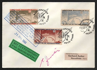 1933-1960 Hasselfelde-Harz, Germany, Gerhard Zucker Pioneer Rocket Mail, Airmail Torpedo Cover to Hasselfelde-Harz franked with 0.5m, 1m, 3m (Commemorative Postmarks, Signed)