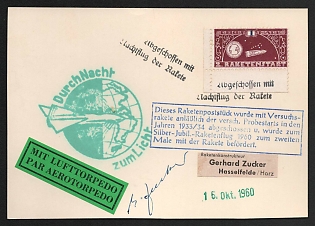 1933-1960 'Shot Down with a Night Flight of the Rocketh', 'Transported with the Silver Jubilee Rocket Flight in 1960', Germany, Gerhard Zucker Pioneer Rocket Mail, Airmail Torpedo Souvenir Card to Hasselfelde-Harz franked with 3m (Commemorative Postmarks, Signed)
