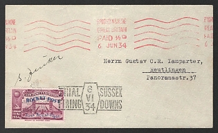 1934 (6 Jun) 'First British Flight', 'Trial Sussex Firing Downs', Great Britain, Gerhard Zucker Pioneer Rocket Mail Cover from Brighton (Great Britain) to Reutlingen (Germany) (Signed)