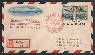 1936 (6 Jun) 'German Airpost Europe-North America', Third Reich, Germany, Registered Airship Airmail Cover from Stuttgart via Airship "Hindenburg" from Friedrichshafen to Lakehurst (New Jersey, U.S.A.), via New-York to Chicago (Illinois, U. S. A.) franked with 50pf, 75pf