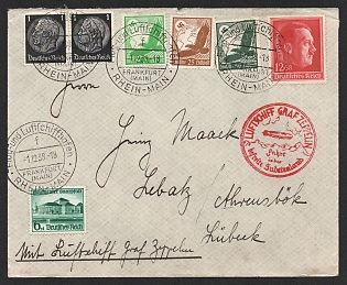 1938 (1 Dec) Third Reich, Germany, Graf Zeppelin Airship Airmail Cover from Flight and Airship Port Frankfurt am Main to Reichenberg franked with 2 x 1pf, 5pf, 6pf, 12pf 25pf, 50pf