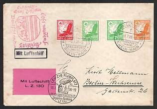 1939 (9 Jul) Third Reich, Germany, LZ 130 Graf Zeppelin Airship Airmail Cover from Leipzig to Frankfurt am Main to Berlin franked with 2 x 5pf, 10pf, 80pf