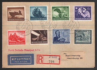 1944 (27 Sep) Third Reich, Germany, German Official Post, Registered Airmail Cover from Pula (Croatia) to Hamburg franked with 3pf, 4pf, 5pf, 2 x 6pf, 2 x 8pf, 10pf