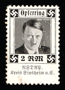 1933-1945 'Sacrificial Ring NSDAP District of Sinsheim A.e.', Adolf Hitler, Third Reich Nazi Germany Propaganda Label Stamp