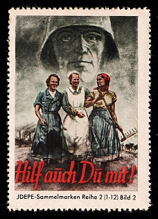 1933-1945 'Help Us Too', WWII German Army Military, Third Reich Nazi Germany Propaganda Label Stamp