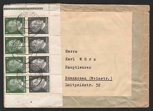 1943 (20 Jan) Third Reich, Germany, Cover from Schiffweiler to Edenkoben franked with Block of Hitler's Issue