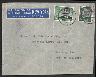1936 (9 Oct) Third Reich, Germany, Airmail Cover from Bremen via New-York via P.A.A. & SCADTA (German-Colombian Air Transport Company) to Barranquilla (Colombia) franked with 50pf, 2m