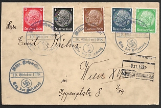 1938 (10 Oct) Third Reich, Germany, Cover from Mahrisch Rothwasser (Cervena Voda, Czech Republic) to Vienna (Austria) franked with 1pf, 3pf, 4pf, 5pf, 12pf