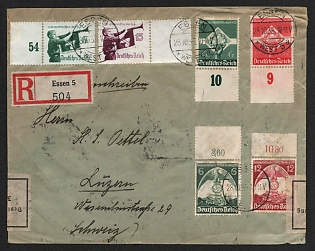 1935 (28 Oct) Third Reich, Germany, Cover from Essen via Frankfurt am Main, via Basel (Switzerland) Railway Post to Lucerne (Switzerland) franked with 3 x 6pf, 2 x 12pf, 15pf