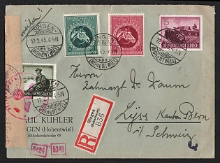 1945 (12 Feb) Third Reich, Germany, Registered Cover from Singen to Lyss (Switzerland) franked with 6pf, 12pf, 15pf, 30pf
