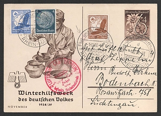 1938 (1 Dec) Third Reich, Germany, Airship 'Graf Zeppelin', Postal Stationery Postcard from Flight and Airship Port Frankfurt am Main to Bad Gandersheim franked with 4pf, 15pf, 25pf