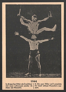 1944 Anti-Germany, Allied Propaganda, 'In this Year Hitler Can't Complete His 'Stunt' Without Mussolini's Support', WWII Caricature