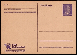 1943-44 6pf 'Catch Coal Theft', Third Reich, Germany, Postal Stationery Postcard of Hitler Issue