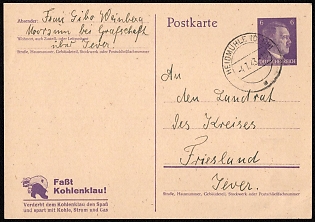 1943 (4 Jul) 'Catch Coal Theft', Third Reich, Germany, Postal Stationery Postcard of Hitler Issue from Heidmuhle to Friesland (Netherlands)
