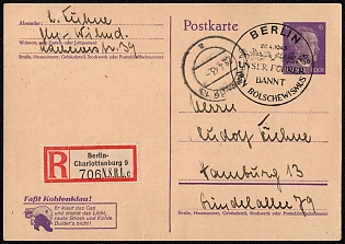 1943 (28 Apr) 'Catch Coal Theft', Third Reich, Germany, Registered Postal Stationery Postcard of Hitler Issue from Berlin-Charlottenburg to Hamburg (Special Cancellation)