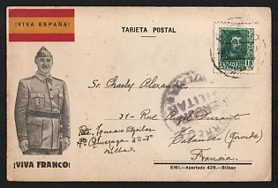 1938 'Long Live Spain! Long Live Franco!', Spain, Military Censorship Propaganda Postcard from Bilbao to Gironde (France) franked with 15c