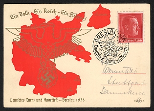 1938 'One People, One Reich, One Leader' Nazi Propaganda Postcard