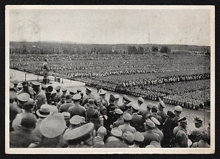1935 'Roll Call of the Political Leaders on the Zeppelin Meadow Nuremberg Rally 1935 the Fuhrer Speaks' Nuremberg Rallies Reich Party Day (Reichsparteitag) Nazi Propaganda Postcard